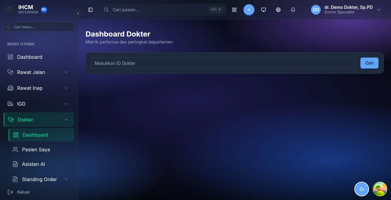 Dashboard dokter IHCM menampilkan ringkasan pasien dan jadwal